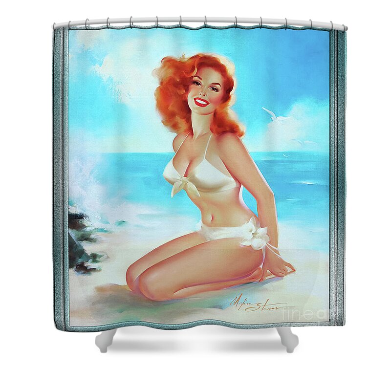 Beach Beauty Shower Curtain featuring the painting Beach Beauty by Edward Runci Pin-Up Girl Vintage Artwork by Rolando Burbon