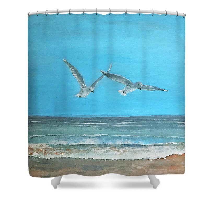  Shower Curtain featuring the painting Beach Buddies by Linda Bailey