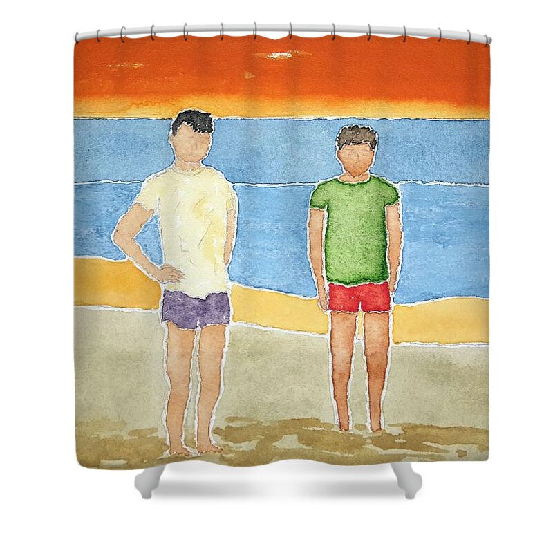 Watercolor Shower Curtain featuring the painting Beach Dudes by John Klobucher