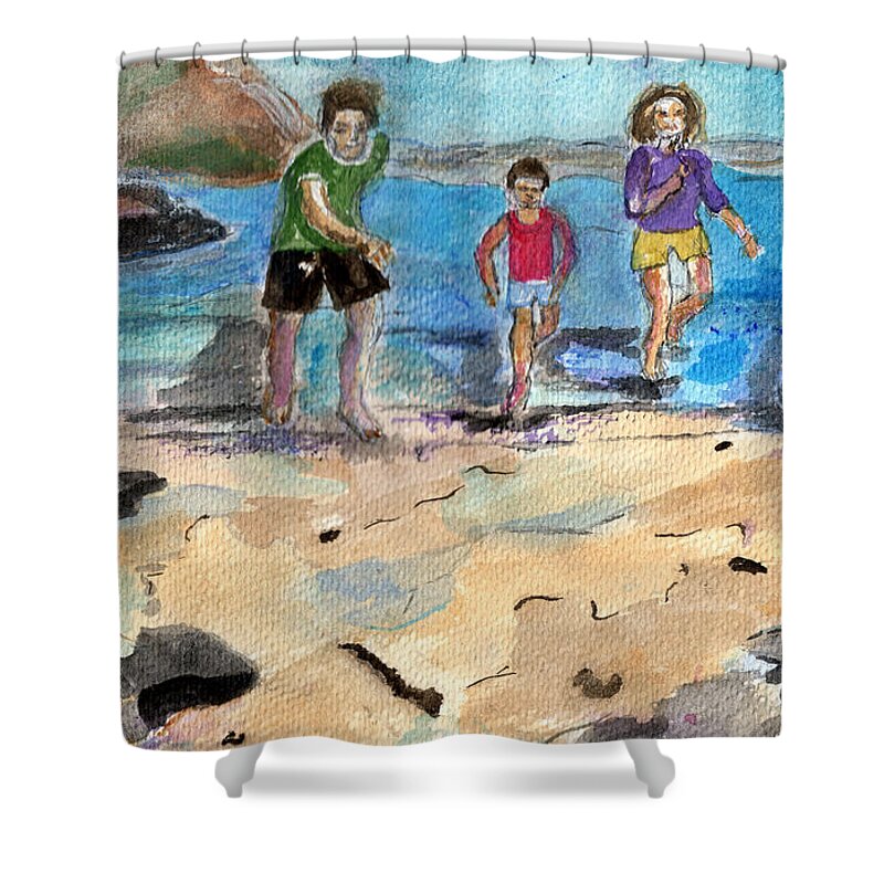 Beach Shower Curtain featuring the painting Family jogging on the beach. by Genevieve Holland