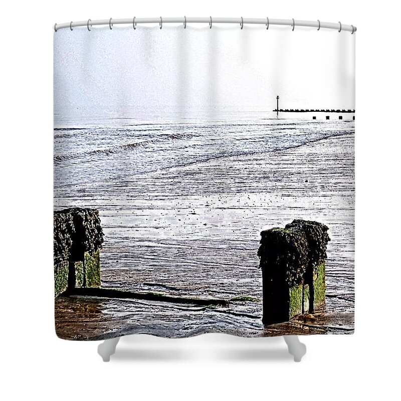 Sea Fret Shower Curtain featuring the photograph Beach groynes, Bridlington, paint effect by Paul Boizot