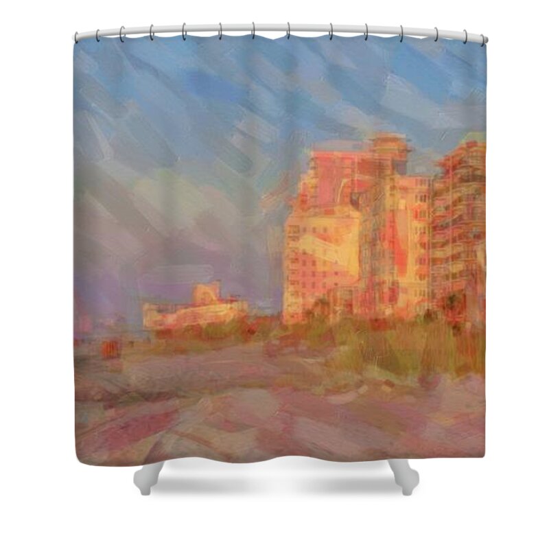 Beach Shower Curtain featuring the painting Beach hotel by Darrell Foster