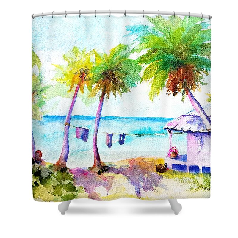 Troical Shower Curtain featuring the painting Beach House Tropical Paradise by Carlin Blahnik CarlinArtWatercolor