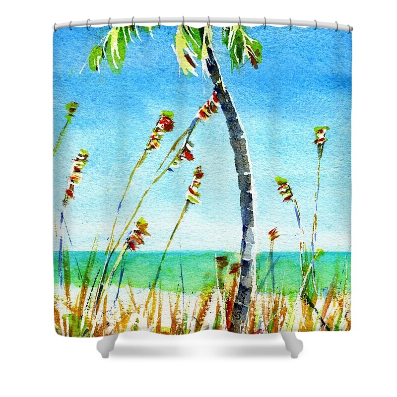 Beach Shower Curtain featuring the painting Beach Palm and Sea Oats by Carlin Blahnik CarlinArtWatercolor