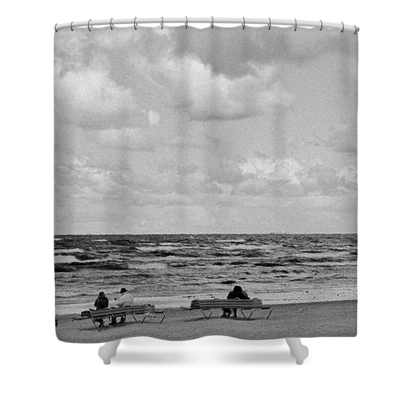 Photography Shower Curtain featuring the photograph Beach Panorama In Black And White Vision by Aleksandrs Drozdovs
