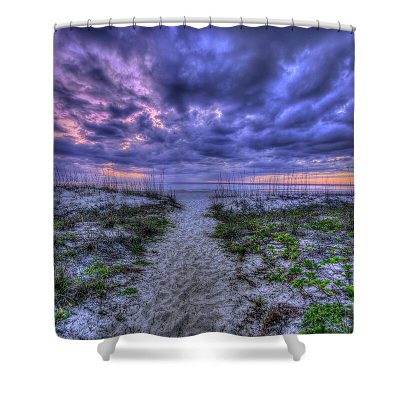 Beach Shower Curtain featuring the photograph Beach Pathway at Sunset by Carolyn Hutchins