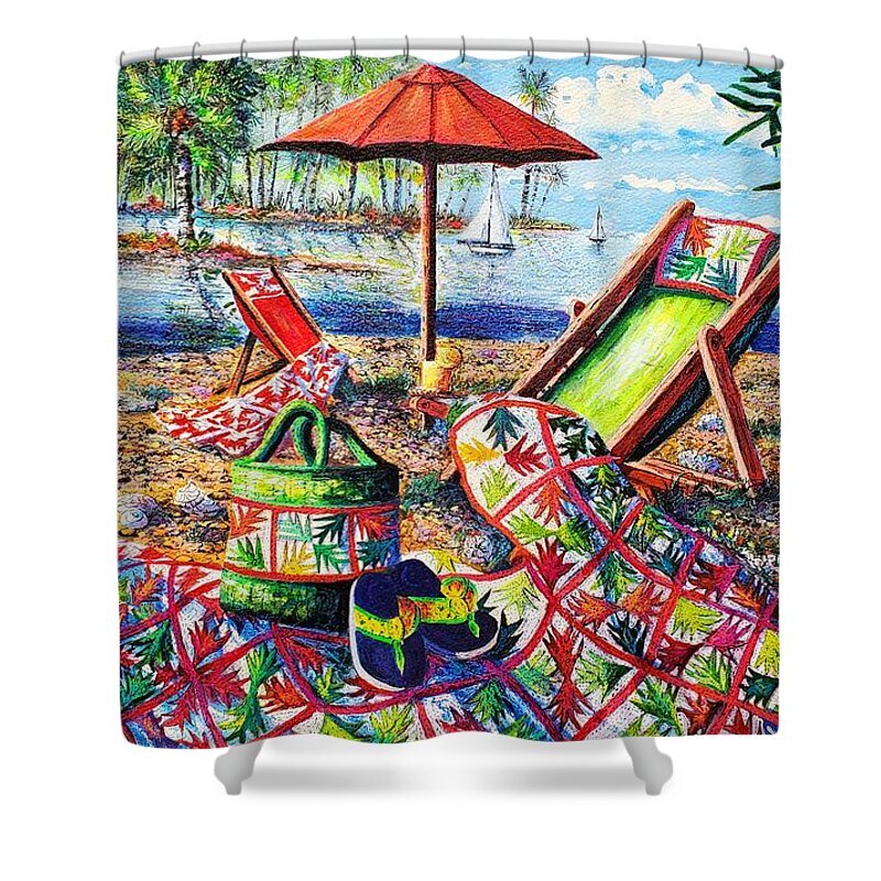 Palm Quilt At The Beach Shower Curtain featuring the painting Beach Retreat by Diane Phalen