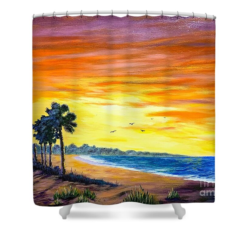 Beach Shower Curtain featuring the painting Beach Sunrise by Jerry Walker