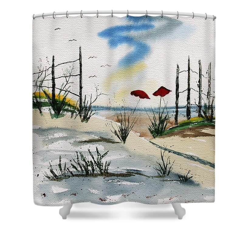 Seascape Shower Curtain featuring the painting Beach Umbrellas at Cape May by Catherine Ludwig Donleycott