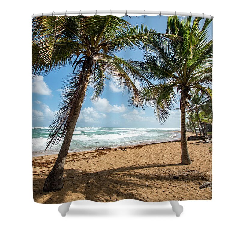 Piñones Shower Curtain featuring the photograph Beach Waves and Palm Trees, Pinones, Puerto Rico by Beachtown Views