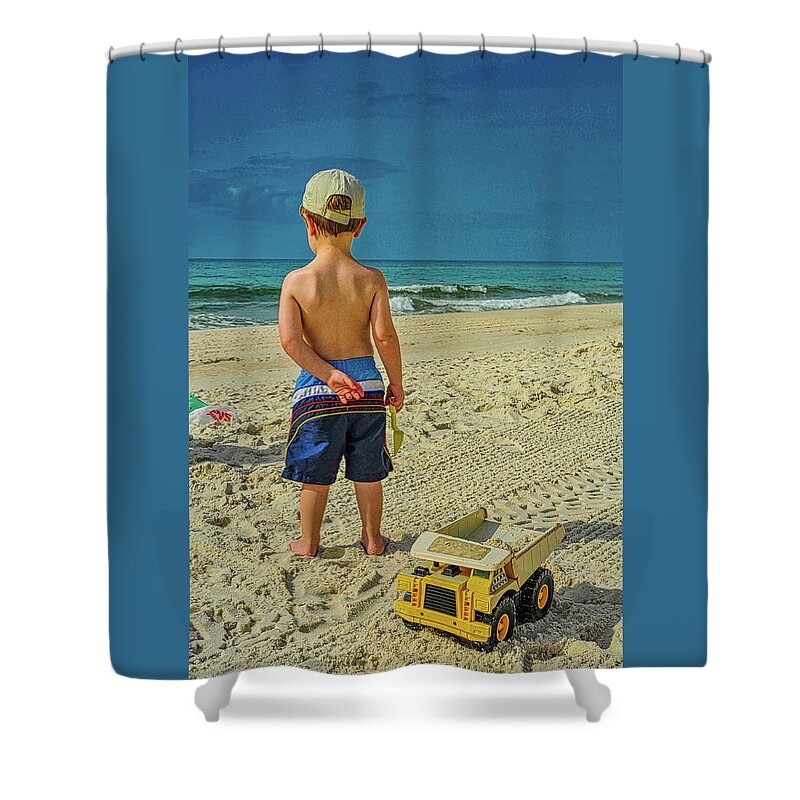 Kid Shower Curtain featuring the photograph Beach with a Kid and a Truck by James C Richardson