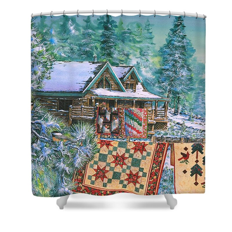 Log Cabin Shower Curtain featuring the painting Bear Paws Ranch by Diane Phalen