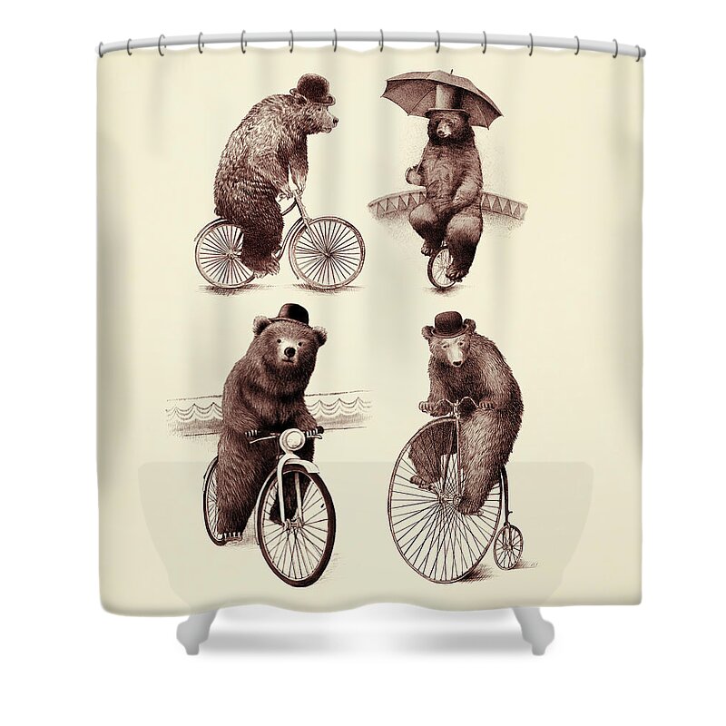 Bears Shower Curtain featuring the drawing Bears on Bicycles by Eric Fan