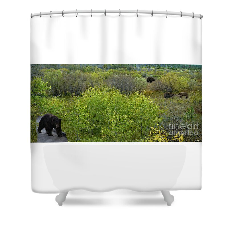 Digital Art Shower Curtain featuring the photograph Bears, one with a salmon in El Dorado National Forest, California, U. S. A. by PROMedias US