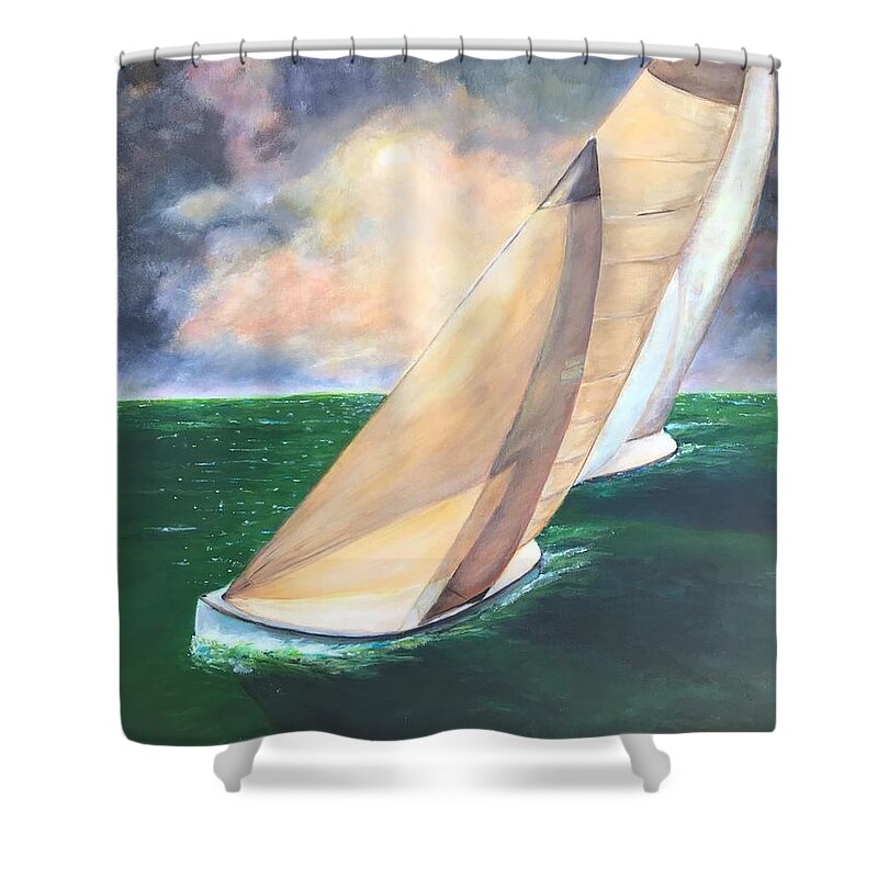 Sailboats Shower Curtain featuring the painting Beating to Home by Deborah Naves