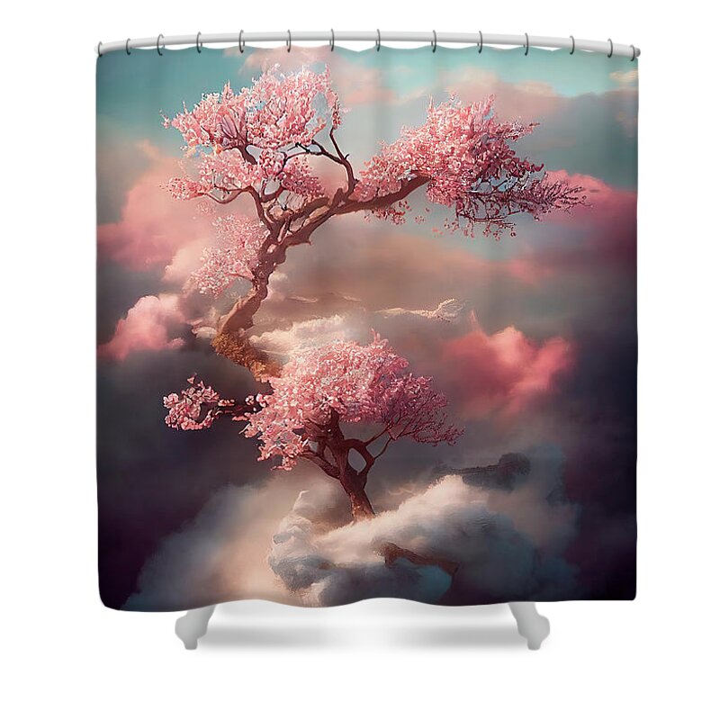 Cherry Shower Curtain featuring the digital art Beautiful dreamy cherry blossom tree from heavenly clouds. Abstr by Jelena Jovanovic