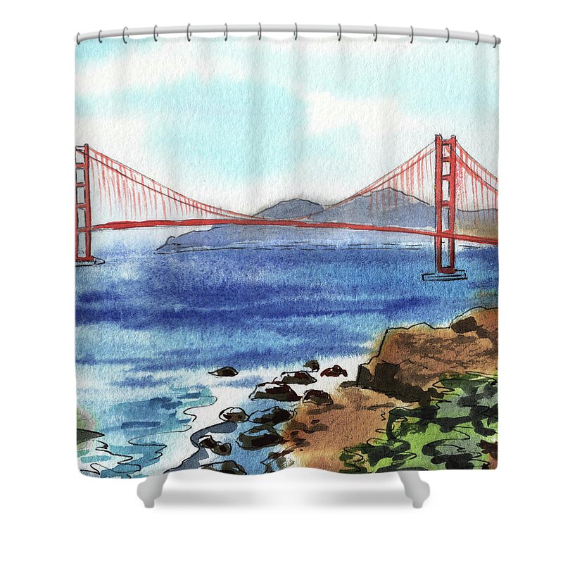 Bridge Shower Curtain featuring the painting Beautiful Golden Gate Bridge San Francisco Bay Watercolor by Irina Sztukowski