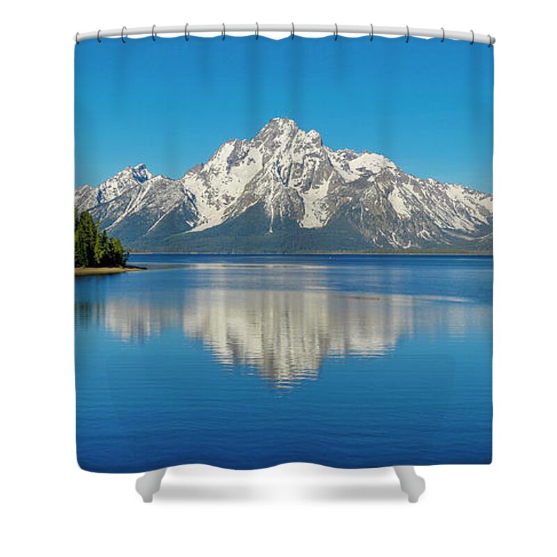 Grand Teton Reflection Panorama Shower Curtain featuring the photograph Beautiful Mountain Reflection Grand Teton National Park by Dan Sproul
