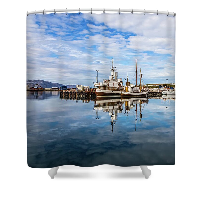 Harbor Shower Curtain featuring the photograph Beautiful reflection in Husavik harbor, Iceland #2 by Lyl Dil Creations