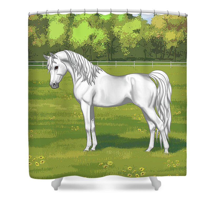 Horses Shower Curtain featuring the painting Beautiful White Gray Arabian Horse In Summer Pasture by Crista Forest