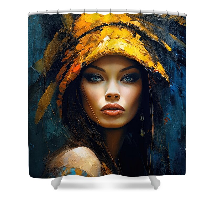 Beautiful Woman Shower Curtain featuring the mixed media Beautiful Woman in artsy hat #2 by Emerico Imre Toth