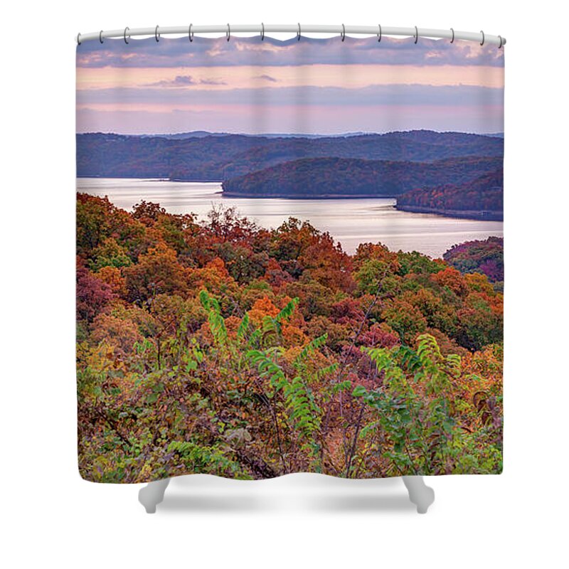 Arkansas Landscape Shower Curtain featuring the photograph Beaver Lake Panorama At Dusk - Northwest Arkansas Autumn Landscape by Gregory Ballos