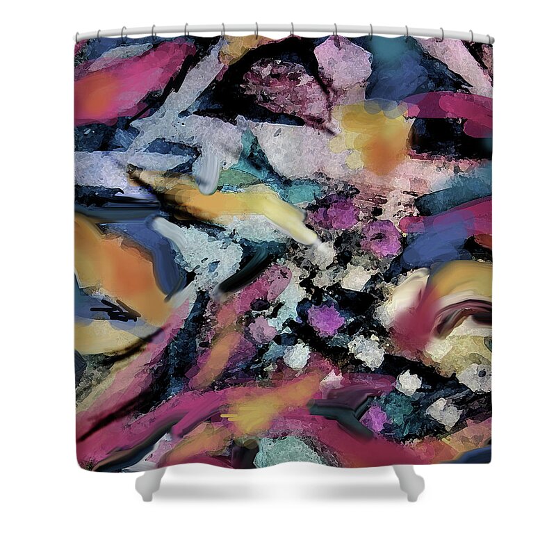 Colorful Abstract Shower Curtain featuring the mixed media Bed of Leaves by Jean Batzell Fitzgerald