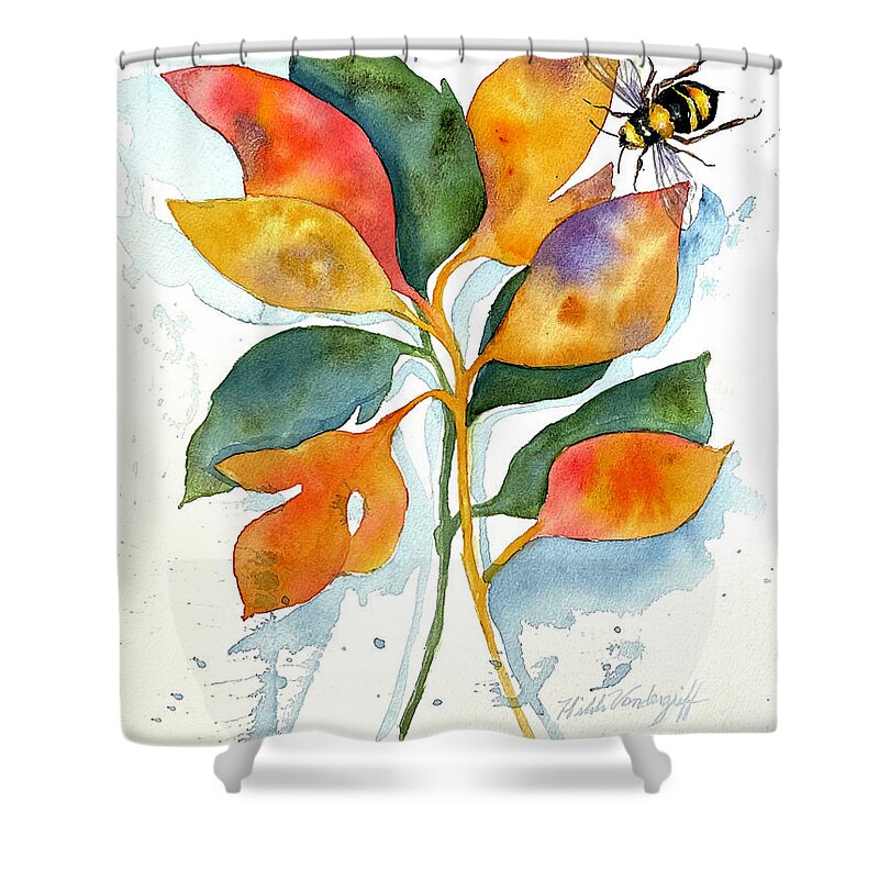 Bee Shower Curtain featuring the painting Bee and Leaves by Hilda Vandergriff