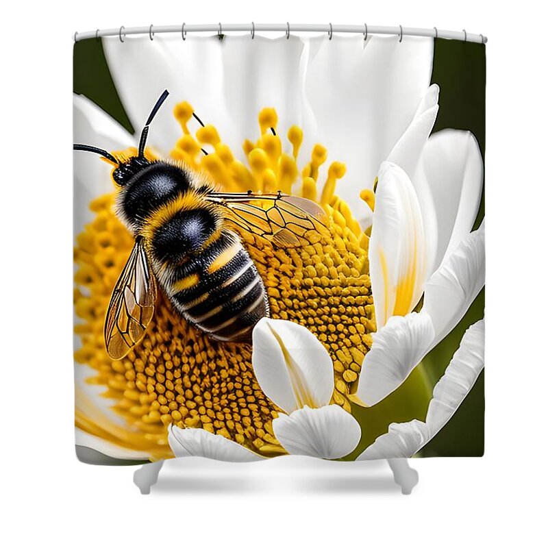 Bee Shower Curtain featuring the mixed media Bee-ware - Incredible Close Up of a Honey Bee Hard at Work by Artvizual Premium