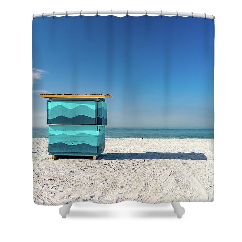 Color Image Horizontal St Pete Beach ×overcast ×morning ×beach ×gulf Of Mexico ×sand ×tranquility ×sea ×seascape ×florida - Us State ×beach Hut ×kiosk ×water ×photography ×seagull ×no People ×scenic - Nature ×coastline ×sky ×nature ×cloud - Sky ×travel ×hut ×lifeguard Hut ×travel Destinations × Shower Curtain featuring the photograph Before the day Starts by Marian Tagliarino