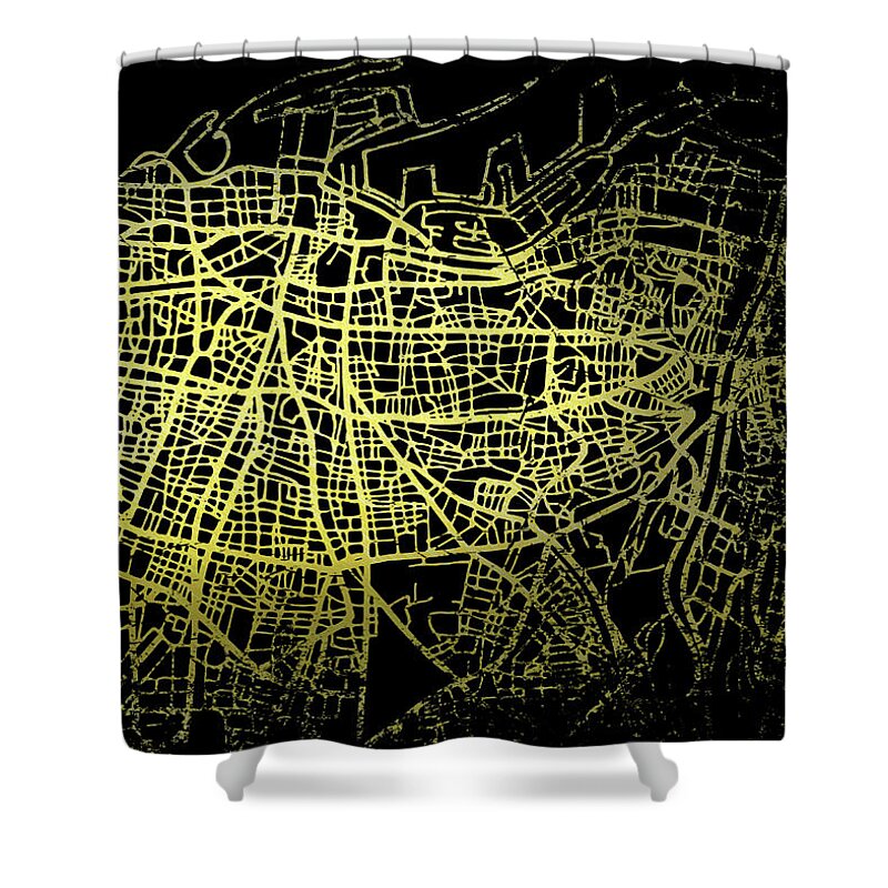 Map Shower Curtain featuring the digital art Beirut Map in Gold and Black by Sambel Pedes