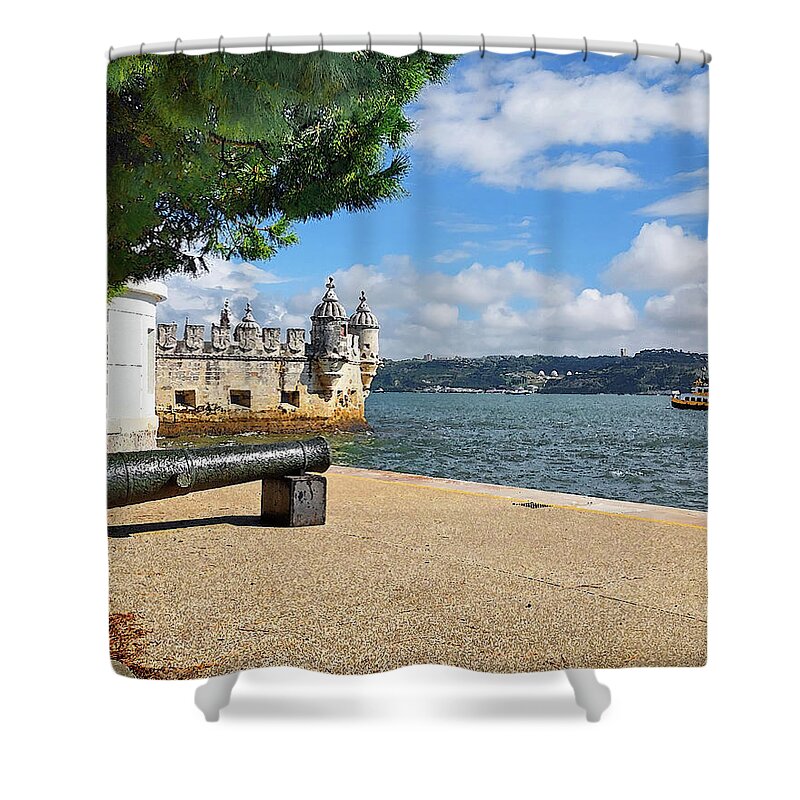 Fort Lisbon Shower Curtain featuring the digital art Belem Tower of Saint Vincent Medieval Fort Cannon Boat Lisbon Portugal by Irina Sztukowski
