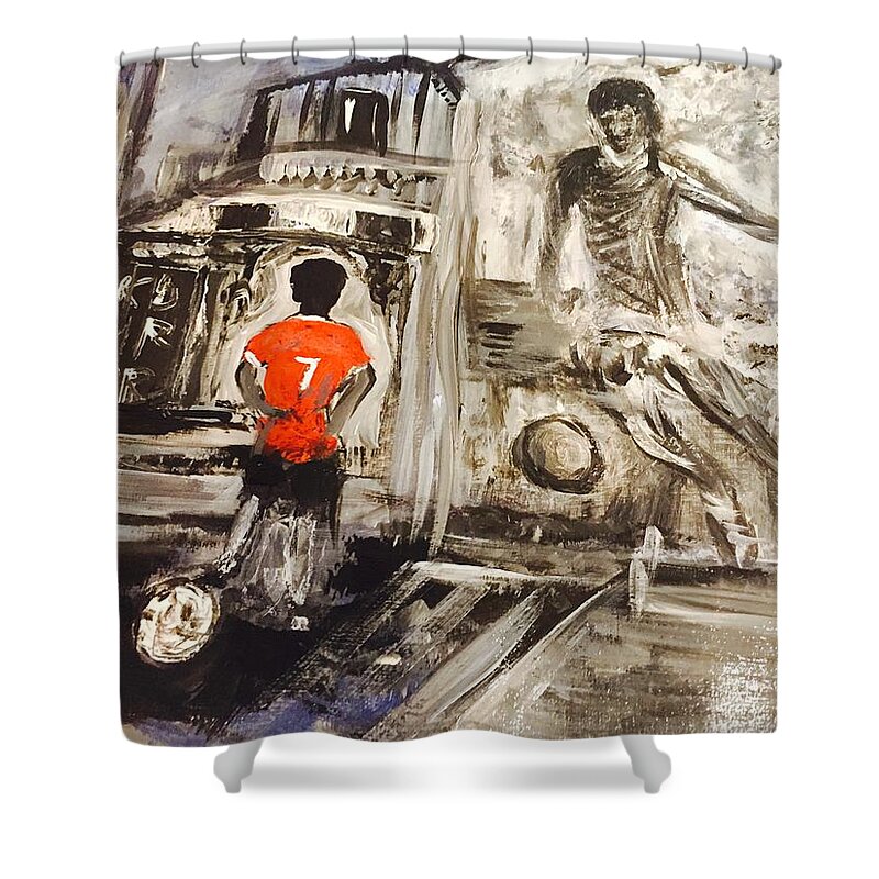Young Boy Looking At Wall Art In Belfast Of His Hero George Best Shower Curtain featuring the painting Belfast Boy's Hero George Best by Janice Hughes