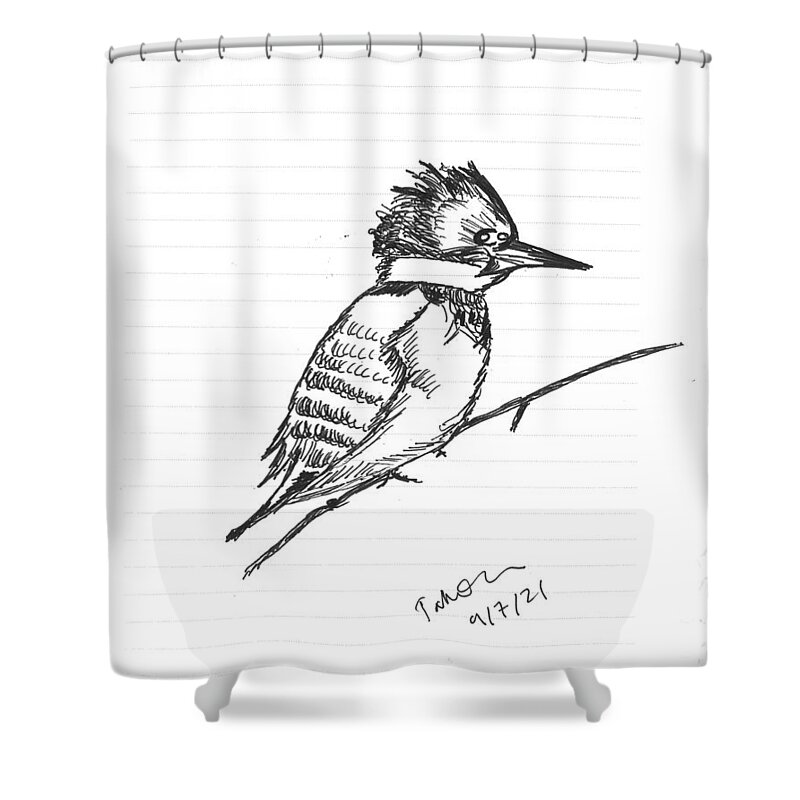 Bird Shower Curtain featuring the drawing Belted Kingfisher by Tahmina Watson
