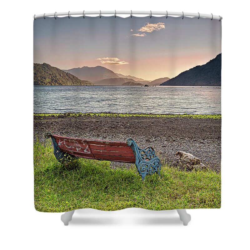 Chili Shower Curtain featuring the photograph Bench with a peacefull view on the Hornopiren fjord on sunset by Henri Leduc