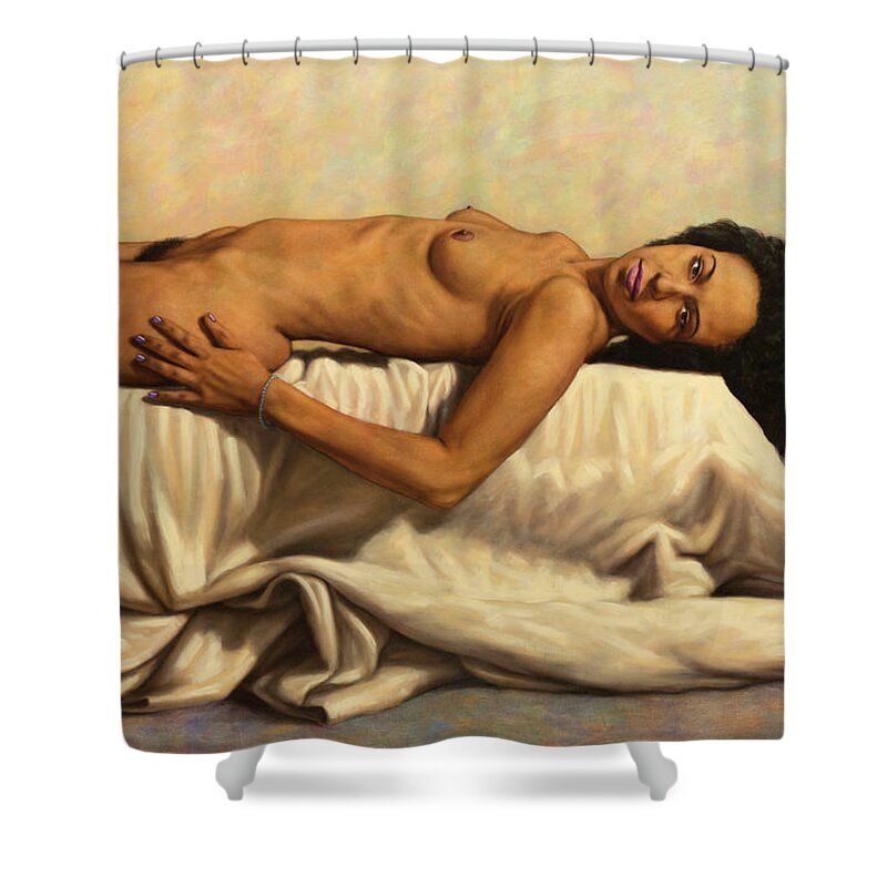 Reclining Shower Curtain featuring the painting Benched Woman 1 by James W Johnson