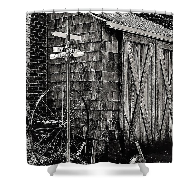  Barn Wheel Sign Dwelling Door Black White Shower Curtain featuring the photograph Benner's Farm by John Linnemeyer