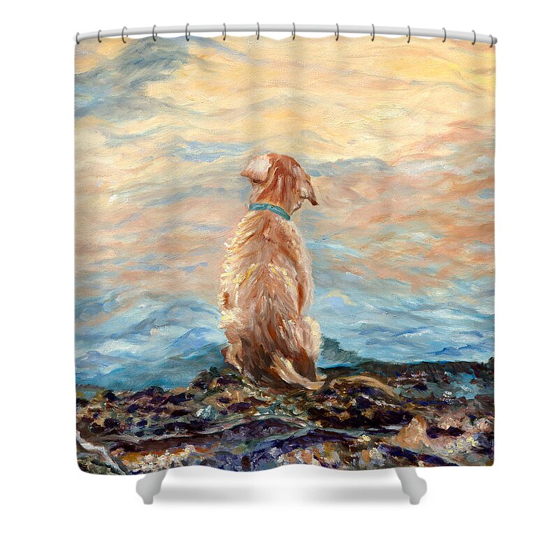 Puppy Shower Curtain featuring the painting Bentley's Choice by Juliette Becker