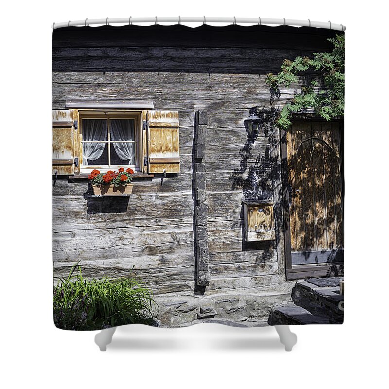 Swiss Wood Cabin Shower Curtain featuring the photograph Berghuette - an original Swiss Chalet by Manuela's Camera Obscura