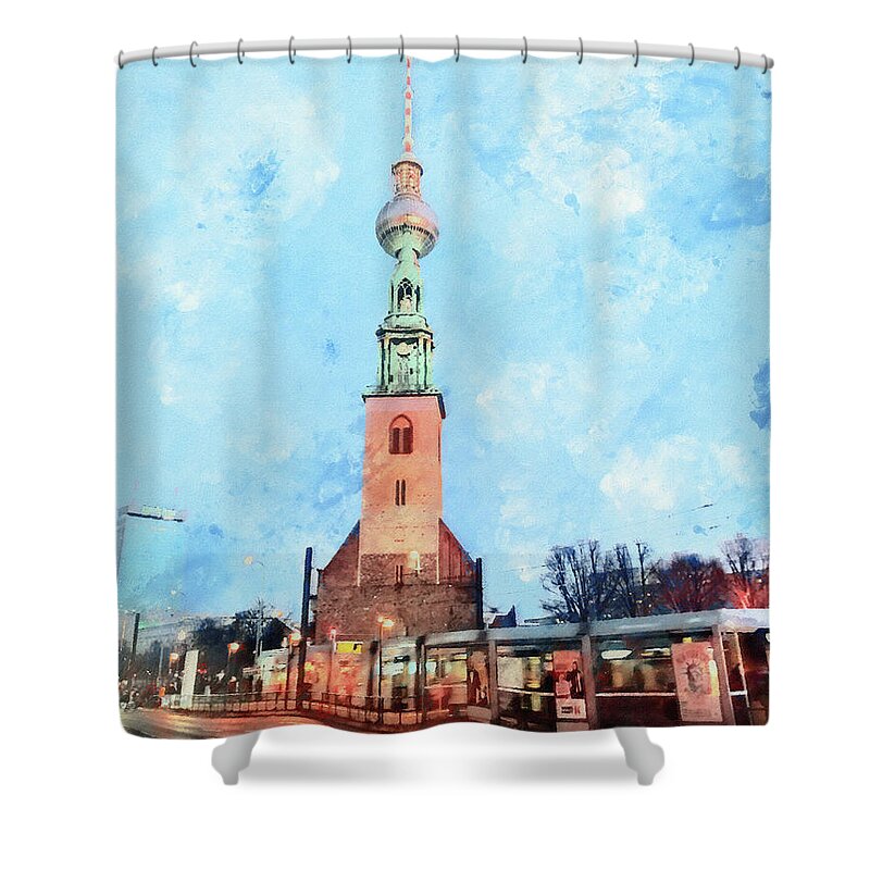Berlin Shower Curtain featuring the painting Berlin. St. Mary's Church and TV Tower. by Alex Mir