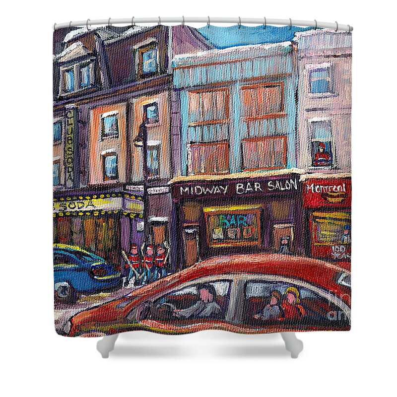 Montreal Shower Curtain featuring the painting Best Mile End Montreal Pool Room Club Soda Hockey Art Street Scene Carole Spandau Canadian Painting by Carole Spandau