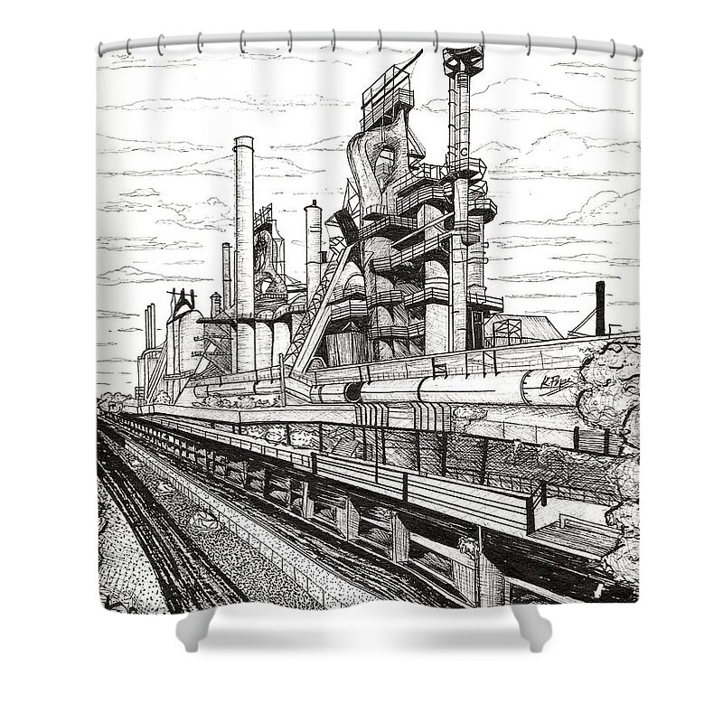 Bethlehem Shower Curtain featuring the painting Industrial Elegance Bethlehem Steel Stacks Close-Up by Kathy Pope