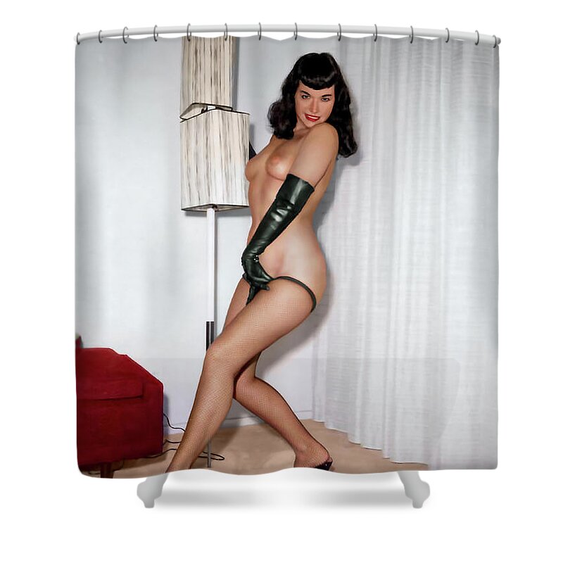 Bettie Page Shower Curtain featuring the digital art Bettie's unmistakable pose by Franchi Torres