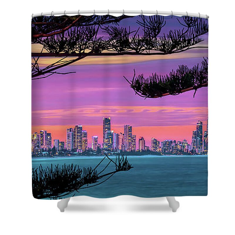 Gold Coast City Skyline Shower Curtain featuring the photograph Beyond The Pines by Az Jackson