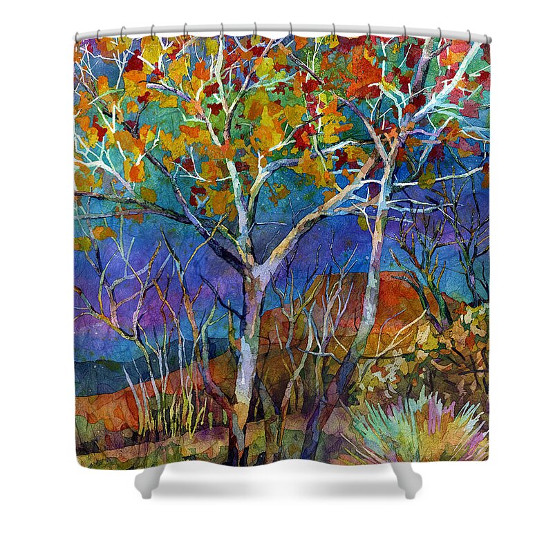 Trees Shower Curtain featuring the painting Beyond the Woods by Hailey E Herrera