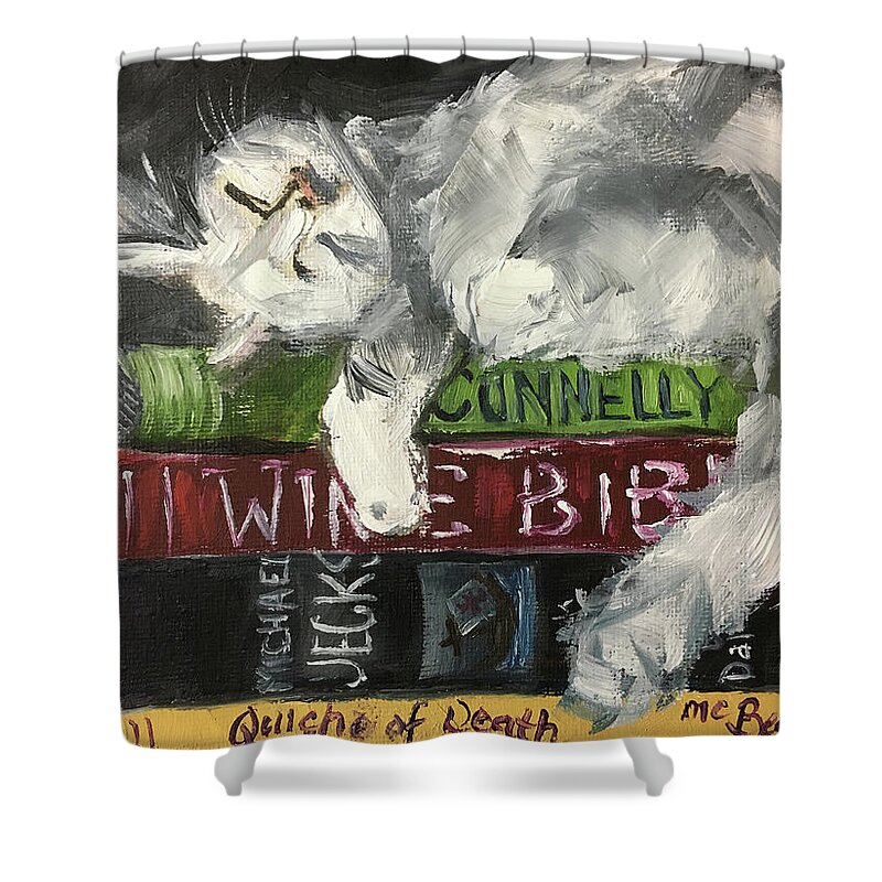 Sleepy Cat Shower Curtain featuring the painting Biblio Cat by Roxy Rich