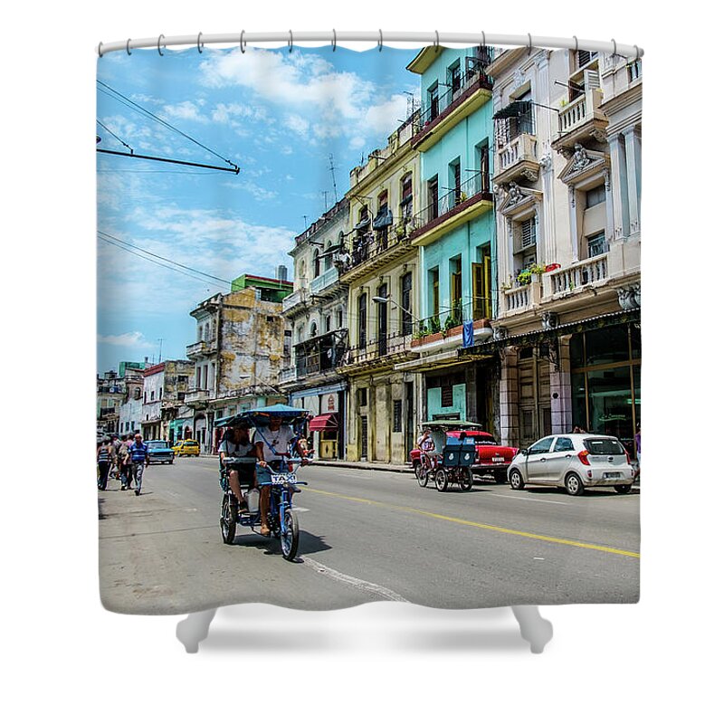 Cuba Shower Curtain featuring the photograph Bicitaxi on a Old street. Havana. Cuba by Lie Yim