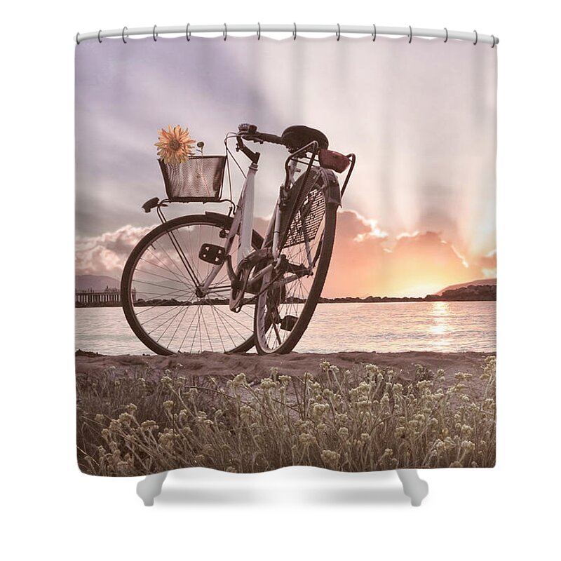 Bike Shower Curtain featuring the photograph Bicycle at the Shore Cottage by Debra and Dave Vanderlaan