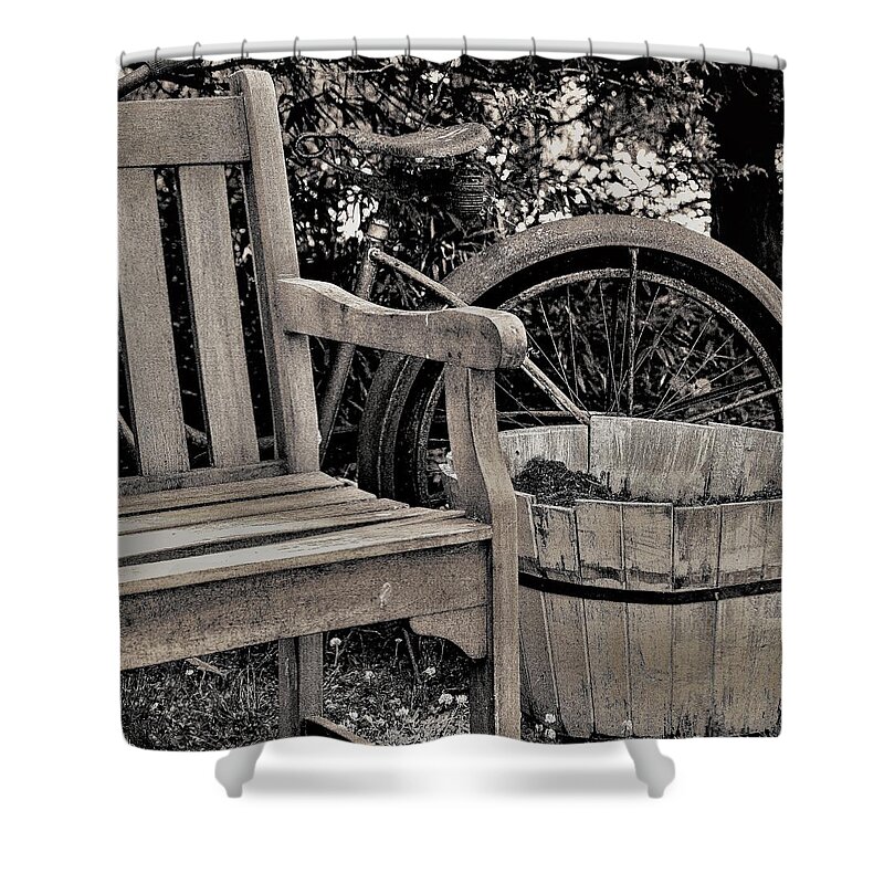 Bicycle Bench B&w Shower Curtain featuring the photograph Bicycle Bench4 by John Linnemeyer