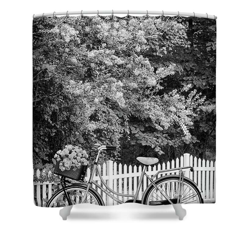 Carolina Shower Curtain featuring the photograph Bicycle by the Garden Fence Black and White by Debra and Dave Vanderlaan
